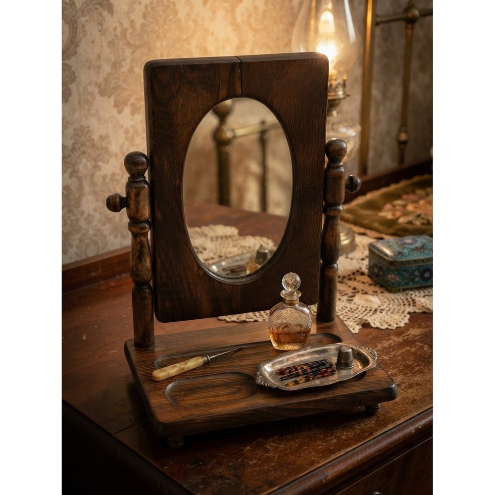 Vintage 1940s Wood Tabletop Vanity Mirror Tilting Oval Shaving Mirror with Trays